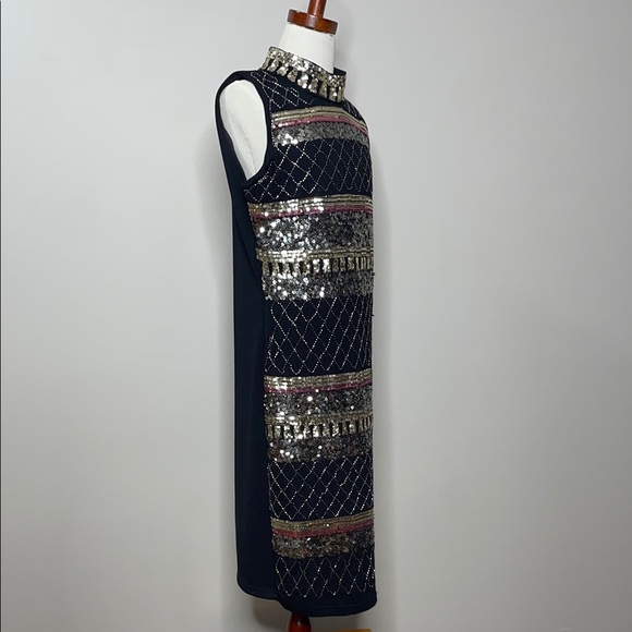 Suzy Sheer Black and Gold Embellished Sequin Cocktail Dress Size Small - Picture 5 of 10